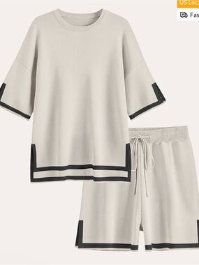 NWT EKOUAER Women’s Cream Knit Short-Sleeve Top and Shorts with Black Trim